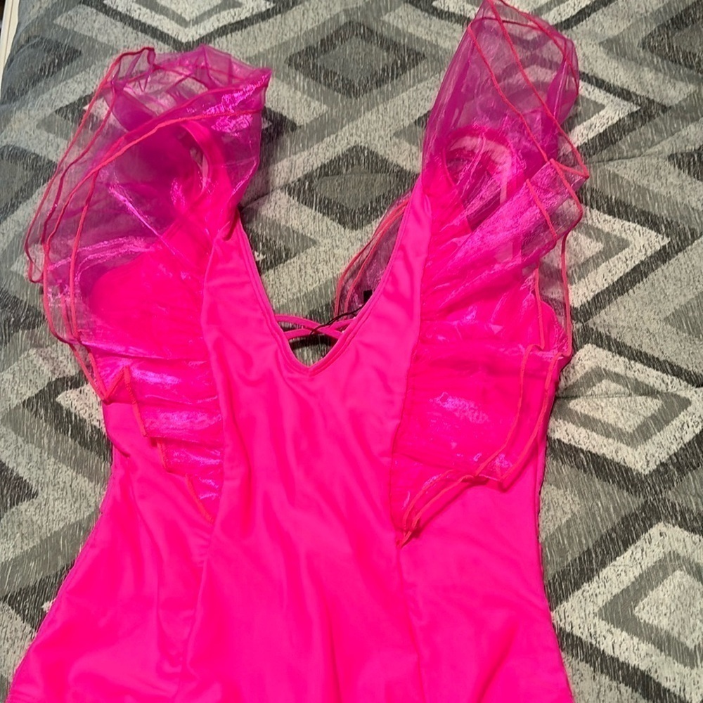 SPORLIKE Neon Pink Mesh Ruffle One Piece Swimsuit - Picture 6 of 8